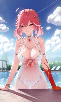 1girl absurdres ahoge blue_sky body_markings bracelet braid breasts bright_pupils changli_(laurel_nymph)_(wuthering_waves) changli_(wuthering_waves) cleavage closed_mouth collarbone colored_extremities commentary day dress dress_swimsuit hair_between_eyes hair_extensions highres jewelry large_breasts laurel_crown long_hair looking_at_viewer multicolored_hair official_alternate_costume outdoors pannkaka_(kpze4325) pink_hair pool poolside red_hands ring_hair_extensions see-through_clothes see-through_dress sky smile solo tacet_mark_(wuthering_waves) thighs twin_braids two-tone_hair white_hair white_pupils wuthering_waves yellow_eyes