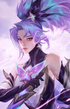 1girl akali bare_shoulders bow character_request hair_bow highres kama_(weapon) league_of_legends long_hair looking_at_viewer ponytail purple_hair shadderfans sickle sleeveless solo star_guardian_akali tagme ultraviolet_light weapon