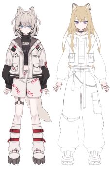 2girls absurdres animal_ear_piercing animal_ears black_streaks blonde_hair blue_eyes blush choker closed_mouth commentary_request crossed_bangs dog_ears dog_girl double-parted_bangs grey_hair hair_between_eyes highres hood hood_down hoodie jacket jewelry kmnz lita_(kmnz) long_hair long_sleeves looking_at_viewer multicolored_hair multiple_girls multiple_rings no_name_ver1 pants purple_eyes ring shoes short_hair shorts simple_background smile streaked_hair tina_(kmnz) unfinished virtual_youtuber white_background white_jacket white_shoes white_shorts