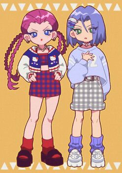 1boy 1girl blue_eyes braid earrings green_eyes hair_ornament hello_kitty hello_kitty_(character) highres james_(pokemon) jessie_(pokemon) jewelry looking_at_viewer macchiromomomo nintendo pink_hair plaid_clothes plaid_skirt pokemon pokemon_(anime) pokemon_(classic_anime) purple_hair sanrio skirt socks team_rocket trap yellow_background