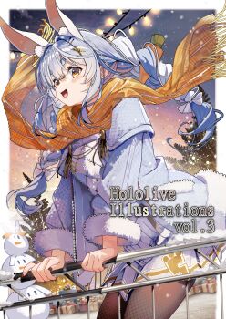 Rule 34 | 1girl, :d, alternate costume, animal ear fluff, animal ears, black pantyhose, blue hair, blue jacket, braid, carrot hair ornament, comiket 107, commentary request, extra ears, fishnet pantyhose, fishnets, food-themed hair ornament, fur-trimmed jacket, fur trim, hair ornament, hairclip, haruhina purple, highres, hikimayu, hololive, jacket, long hair, miniskirt, multicolored hair, nail polish, open mouth, orange eyes, outdoors, pantyhose, parallel hairclips, pekomon (usada pekora), pleated skirt, rabbit-shaped pupils, rabbit ears, rabbit girl, red nails, scarf, short eyebrows, sidelocks, skirt, smile, snowing, solo, symbol-shaped pupils, thick eyebrows, tree, twin braids, two-tone hair, usada pekora, virtual youtuber, white hair, white skirt, yellow scarf