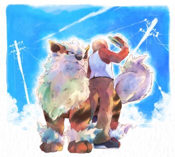 Rule 34 | 00s, 1boy, alternate costume, arcanine, bad id, bad pixiv id, bald, blaine (pokemon), cloud, dog, formal clothes, fur, gen 1 pokemon, gym leader, hat, holding, holding unworn clothes, holding unworn hat, male focus, morori, nintendo, pokemon, pokemon (creature), pokemon hgss, power lines, sky, unworn hat, unworn headwear, utility pole