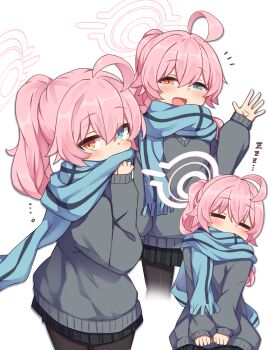 1girl =_= ahoge black_pantyhose black_skirt blue_archive blue_eyes blue_scarf blush cardigan covered_mouth fang from_behind grey_cardigan hair_between_eyes hair_flaps halo heterochromia highres hoshino_(blue_archive) hoshino_(second_year)_(blue_archive) hoshino_(young)_(blue_archive) huge_ahoge lolikaku long_sleeves looking_at_viewer looking_back md5_mismatch open_mouth pantyhose pink_hair pink_halo plaid_clothes plaid_skirt pleated_skirt ponytail resolution_mismatch scarf school_uniform simple_background skirt sleeping sleeves_past_wrists source_larger striped_clothes striped_scarf upper_body waving white_background yellow_eyes zzz