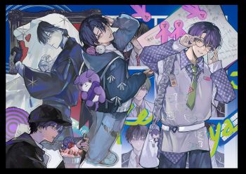 1boy adjusting_eyewear baseball_cap bespectacled black_border black_gloves black_hair border character_charm charm_(object) glasses gloves green_necktie hashtag-only_commentary hat highres hood hood_down hooded_jacket jacket kenmochi_touya looking_at_viewer male_focus multiple_views necktie nijisanji omamori purple_hair short_hair toyakage tsuta1218 virtual_youtuber yellow_eyes