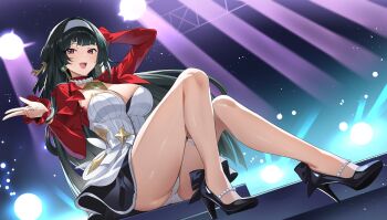 1girl :d astra_yao black_hair black_shoes breasts cropped_jacket dysoor hairband high_heels highres jacket jewelry large_breasts long_hair looking_at_viewer necklace open_mouth panties pantyshot patent_heels pearl_necklace pumps red_eyes red_jacket shoes sitting smile solo stage stage_lights thigh_beads underwear uneven_bangs white_hairband white_panties zenless_zone_zero