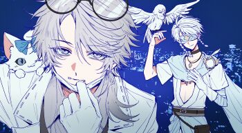 2boys absurdres aesop_carl aesop_carl_(&quot;gatto&quot;) animal animal_on_shoulder bandaged_arm bandages bird bird_on_hand black_choker blindfold blue_background blue_scarf braid brooch cat cat_on_shoulder choker city_lights coat eli_clark eli_clark_(&quot;white&quot;) expressionless eyewear_on_head glasses gloves grey_eyes grey_hair grey_shirt highres identity_v jewelry lab_coat leaning_forward light_smile looking_at_viewer male_focus mask mask_pull mouth_mask multiple_boys owl pendant plunging_neckline ponytail robe round_eyewear scarf shirt single_glove stitched_mouth stitches sushisushi_iiii twin_braids white_coat white_gloves white_hair white_robe white_theme