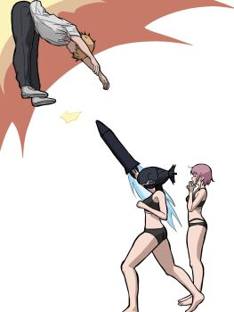 1boy 2girls absurdres aguxxxuu barefoot black_pants blonde_hair chainsaw_man denji_(chainsaw_man) fami_(chainsaw_man) formal_clothes from_side full_body highres multiple_girls pants pink_hair punched reze_(chainsaw_man) shirt shirt_tucked_in shoes simple_background underwear white_background white_shirt