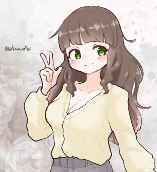 1girl blunt_bangs blush breasts brown_hair cleavage closed_mouth commentary_request cowboy_shot green_eyes grey_background hand_up highres large_breasts long_hair long_sleeves looking_at_viewer mitsuha-chan_(olto_rondo) olto_rondo original shirt smile solo tareme w yellow_shirt