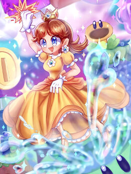 Rule 34 | 1girl, blocks, blue eyes, breasts, brown hair, clothes pull, coin, crown, dress, dress pull, earrings, flower, flower earrings, full body, gem, gloves, grin, hand up, high heels, highres, jewelry, jumping, mario (series), medium breasts, nintendo, no socks, open mouth, orange dress, princess daisy, puffy short sleeves, puffy sleeves, short sleeves, smile, solo, super mario bros. wonder, talking flower (mario), warp pipe, water