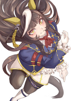 1girl ahoge animal_ears ascot black_hair black_pantyhose blue_jacket blunt_bangs blush breasts calstone_light_o_(one_true_path)_(umamusume) calstone_light_o_(umamusume) closed_mouth ear_covers gloves highres hime_cut horse_ears horse_girl horse_tail iko_(saikoro_k0702) jacket long_hair looking_at_viewer multicolored_hair pantyhose red_ascot shirt shorts simple_background smile solo streaked_hair striped_hair tail umamusume white_background white_gloves white_hair white_shorts yellow_eyes