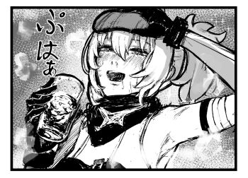 1girl arm_up blush cup gloves goggles greyscale hair_between_eyes hand_up high_ponytail highres holding holding_cup holding_goggles medium_hair monochrome open_mouth ponytail saliva sanshoku_dango_(shukosuko) sidelocks soldier_11_(zenless_zone_zero) solo sweat teeth translation_request upper_body upper_teeth_only zenless_zone_zero