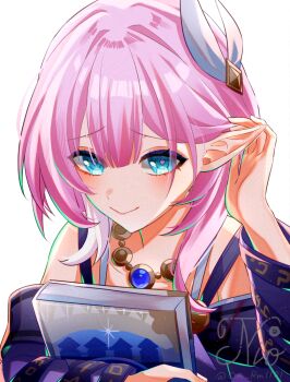 1girl bare_shoulders blue_eyes book coat commentary_request cyrene_(aedes_elysiae)_(honkai:_star_rail) cyrene_(honkai:_star_rail) holding holding_book honkai:_star_rail honkai_(series) jewelry looking_at_viewer multicolored_hair necklace om_rm1101 pink_hair pointy_ears purple_coat short_hair simple_background smile solo two-tone_hair white_background white_hair