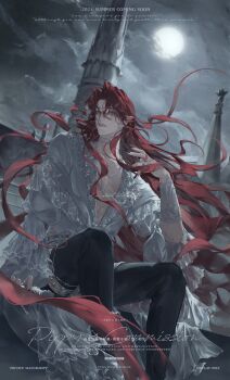 1boy abs absurdres black_nails black_pants choker cloud cloudy_sky commission eyelashes fang feet_out_of_frame fingernails floating_hair frills full_moon gem highres jewelry lips long_hair long_sleeves looking_at_viewer moon multiple_rings nail_polish necklace night night_sky original outdoors pants parted_bangs parted_lips pearl_(gemstone) pearl_necklace pectorals pippy pointy_ears red_eyes red_hair ring sitting sky solo vampire very_long_hair watermark white_choker wind