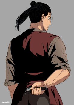 1boy arm_behind_back black_hair brown_vest chi.:_chikyuu_no_undou_ni_tsuite closed_mouth facing_away grey_background grey_pants grey_shirt hair_bun highres holding holding_behind_back holding_knife holding_knife_behind_back knife male_focus medium_hair nusushito oczy pants ponytail shirt sleeves_rolled_up solo sweatdrop twitter_username veins veiny_arms vest