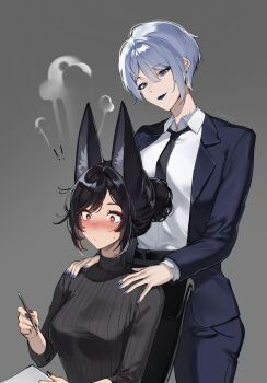 Rule 34 | !, !!, 2girls, animal ear fluff, animal ears, belt, black belt, black nails, black necktie, black suit, blue nails, blush, breasts, closed mouth, collared shirt, commentary, formal clothes, grey hair, hair between eyes, hands on another's shoulders, highres, holding, lips, multiple girls, necktie, original, red eyes, ribbed shirt, sakichka, shirt, suit, sweat, twitter username, white shirt