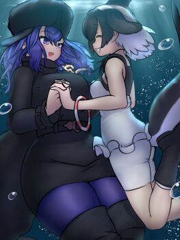 2girls anchor_necklace anchor_pendant black_hair black_one-piece_swimsuit black_sweater blowhole blue_eyes blue_hair blue_pantyhose blush bracelet cetacean_tail closed_eyes commerson&#039;s_dolphin_(kemono_friends) dolphin_girl dorsal_fin fins fish_tail frilled_one-piece_swimsuit frills fur_hat hair_between_eyes hat head_fins highres holding_hands japari_symbol jewelry kemono_friends kemono_friends_3 mo23 multicolored_hair multiple_girls necklace one-piece_swimsuit open_mouth pantyhose short_hair smile sperm_whale_(kemono_friends) sweater swimsuit tail turtleneck turtleneck_sweater two-tone_hair two-tone_one-piece_swimsuit underwater ushanka whale_girl white_hair white_one-piece_swimsuit
