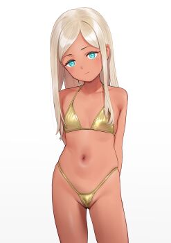 1girl absurdres age_difference aqua_eyes arms_behind_back bikini blonde_hair blush buta_tsuzumi expressionless female_focus gold_bikini groin highres idolmaster idolmaster_cinderella_girls layla_(idolmaster) legs loli long_hair looking_at_viewer micro_bikini navel solo standing stomach swimsuit thighs white_background