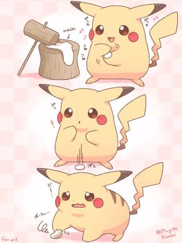 Rule 34 | !, :3, :d, arrow (symbol), artist name, blush stickers, brown eyes, checkered background, commentary request, dropping, food, food name, gen 1 pokemon, highres, holding, holding food, kine, mallet, mochi, mugita konomi, musical note, nintendo, no humans, open mouth, pikachu, pink background, pokemon, pokemon (creature), pokemon focus, smile, squiggle