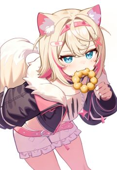 1girl absurdres animal_ears bandaid bandaid_hair_ornament black_choker black_jacket blonde_hair blue_eyes blush choker closed_mouth commentary deaver dog_ears dog_girl dog_tail fangs fur-trimmed_jacket fur_trim hair_between_eyes hair_intakes hair_ornament hairband hairclip highres hololive hololive_english jacket long_sleeves looking_at_viewer medium_hair mococo_abyssgard mococo_abyssgard_(1st_costume) mouth_hold multicolored_hair open_mouth pink_hair pink_hairband shirt shorts simple_background skin_fangs smile solo streaked_hair tail thighs two-tone_hair two_side_up virtual_youtuber white_background white_shirt white_shorts yellow_tail