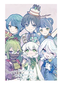 2boys 4girls absurdres alternate_headwear alumisael_gnsn arm_up armor ascot asymmetrical_sidelocks behind_another black_bodysuit black_mask black_shirt black_vest blue_cape blue_eyes blue_gem blue_hair blue_hat blue_jacket blue_sleeves blunt_ends bodysuit border bow box bracelet braid braided_hair_rings bright_pupils brooch cake_hat candle candlelight cape chinese_knot closed_mouth commentary_request cropped_jacket cropped_shirt cross-shaped_pupils cup curly_ends dated detached_sleeves dress drinking_glass drop-shaped_pupils eyelash_ornament eyelashes eyeliner frilled_shirt_collar frilled_sleeves frills furina_(genshin_impact) gem genshin_impact gift gift_box glass gloves gold_trim green_eyes green_gem green_hair green_pupils green_sleeves grey_eyes hair_between_eyes hair_rings half_crown_braid half_gloves hand_on_another's_shoulder hand_up happy_birthday hat height_difference highres holding holding_cup jacket japanese_armor japanese_clothes jewelry kimono kuki_shinobu layered_sleeves leaning_on_person light_blush looking_at_viewer makeup mandarin_collar mask midriff_peek mini_hat mini_top_hat mouth_mask multicolored_hair multiple_boys multiple_girls nahida_(genshin_impact) one_eye_closed open_mouth pointy_ears purple_eyes purple_jacket purple_sleeves red_eyeliner red_rope ribbon rope scaramouche_(genshin_impact) shirt short_eyebrows short_hair short_sleeves shoulder_peek sidelocks single_sidelock smile split_mouth streaked_hair suit_jacket sweatdrop swept_bangs symbol-shaped_pupils tareme tassel top_hat translation_request tsurime twitter_username vest wanderer_(genshin_impact) white_border white_bow white_dress white_gloves white_hair white_kimono white_pupils white_ribbon white_sleeves wine_glass wispy_bangs xiangling_(genshin_impact) xingqiu_(genshin_impact) yellow_bow yellow_eyes yellow_pupils yellow_ribbon