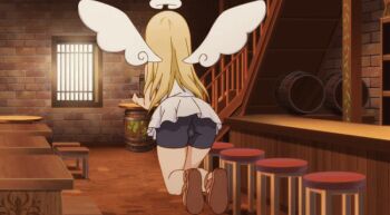 Rule 34 | 1futa, 2020, 20s, angel, angel wings, animated, animated gif, ass, bar stool, bent over, bike shorts, black shorts, blonde hair, bulge, cameltoe, covered testicles, crimvael, dress, floating, flying, full-package futanari, futanari, halo, holding, holding tray, indoors, interior, ishuzoku reviewers, long hair, sandals, short dress, shorts, skirt, sleeveless, sleeveless dress, stool, testicles, tray, waitress, white dress, wings