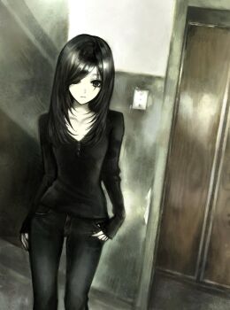 Rule 34 | 1girl, black hair, brown eyes, collarbone, denim, elevator door, gd783hhh, hair over one eye, indoors, jeans, long hair, long sleeves, original, pants, sleeves past wrists, solo, thumb in pocket, v-neck