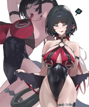 1girl absurdres animal_ears bare_shoulders black_hair black_one-piece_swimsuit breasts commentary fishnet_sleeves fishnets green_eyes highres hood_(james_x) jane_doe_(nocturne_of_light)_(zenless_zone_zero) jane_doe_(zenless_zone_zero) large_breasts long_hair looking_at_viewer mouse_ears mouse_girl mouse_tail multicolored_hair o-ring official_alternate_costume one-piece_swimsuit red_hair red_one-piece_swimsuit smile solo swimsuit symbol-only_commentary tail zenless_zone_zero