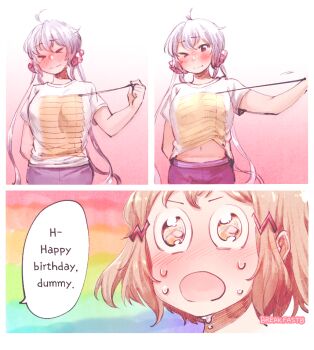 Rule 34 | &gt; &lt;, &gt; o, 2girls, :o, arm behind back, artist name, blush, breasts, chadolbaegi, colorful, commentary, commission, derivative work, ear blush, english commentary, english text, eye reflection, hair ornament, hair scrunchie, hairclip, happy birthday, heaven condition, light brown hair, long hair, looking at viewer, low twintails, medium breasts, midriff, multiple girls, navel, nose blush, one breast out, one eye closed, open mouth, pink scrunchie, ponytail, rainbow, rainbow background, red eyes, reflection, scrunchie, senki zesshou symphogear, shirt, silver hair, smile, sparkle, speech bubble, sweat, t-shirt, tachibana hibiki (symphogear), tears, teasing, twintails, underboob, upper body, wide-eyed, yellow eyes, yukine chris, yuri