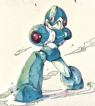 1boy aiming arm_cannon armor blue_armor blue_helmet forehead_jewel full_body green_eyes grey_background helmet highres male_focus mega_man_(series) mega_man_x_(series) popopoyata simple_background solo twitter_username watermark weapon x_(mega_man)