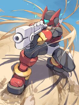 Rule 34 | 1boy, absurdres, android, armor, black eyes, blonde hair, blue sky, commentary request, desert, energy gun, full body, gun, helmet, highres, holding, holding gun, holding weapon, long hair, male focus, mega man (series), mega man zero (series), omochi (mochi skymega), red armor, red helmet, sky, solo, weapon, zero(z) (mega man), zero (mega man)