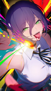1girl absurdres black_choker black_ribbon blood blood_from_mouth breasts chainsaw_man choker green_eyes hair_between_eyes highres imminent_explosion large_breasts looking_at_viewer neck_ribbon nemu_iine purple_hair reze_(chainsaw_man) ribbon shirt sleeveless sleeveless_shirt solo sparks teeth tongue tongue_out upper_teeth_only white_shirt