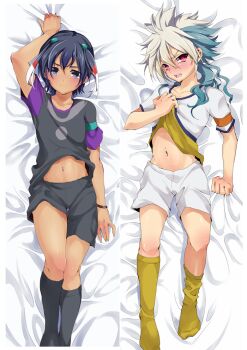 2boys bed_sheet blush character_request clothes_lift grip inazuma_eleven inazuma_eleven_(series) male_focus mataro_(matarou) multiple_boys sheet_grab shirt_lift shorts shota shuu_(inazuma_eleven) socks tagme