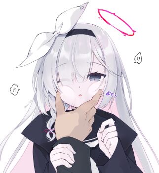 !? 1girl 1other black_coat black_hairband black_sailor_collar black_shirt blue_archive braid cheek_squash coat colored_inner_hair commentary eyelashes grabbing_another&#039;s_arm grabbing_another&#039;s_face grey_eyes hair_over_one_eye hairband halo hands_up head_grab highres holding_another&#039;s_wrist long_hair long_sleeves looking_at_viewer multicolored_hair neckerchief one_eye_closed pale_skin parted_lips pink_hair plana_(blue_archive) pov pov_hands puffy_cheeks purinpurin red_halo red_pupils ribbon sailor_collar school_uniform sensei_(blue_archive) serafuku shirt sidelocks simple_background sound_effects speech_bubble sweatdrop twitter_username two-tone_hair upper_body white_background white_hair white_neckerchief white_ribbon