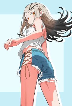 1girl absurdres ass bare_shoulders black_hair blonde_hair blue_shorts blush camisole closed_mouth colored_eyelashes commentary_request cross-laced_clothes cross-laced_shorts cutoffs denim denim_shorts earrings flipped_hair from_behind from_below gakuen_idolmaster gradient_hair hair_ornament hairclip highres hiraji idolmaster jewelry long_hair looking_at_viewer looking_back multicolored_hair orange_eyes parallel_hairclips partial_commentary shinosawa_hiro short_shorts shorts side-tie_shorts sideless_shorts solo standing stud_earrings torn_clothes torn_shorts white_camisole