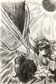 1girl arm_cannon black_sun bow cape closed_mouth commentary greyscale hair_bow highres long_hair looking_at_viewer monochrome reiuji_utsuho shirt skirt solo sun tanishi_(agaribito_snail) third_eye touhou traditional_media upper_body weapon wings