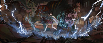 1girl ankle_bell bandaged_leg bandages barefoot battle black_hair braid cape cellphone chinese_clothes crack cracked_floor film_strip fur_cape green_hanfu hair_ornament hanfu highres holding holding_phone leg_wrap liang_yue_(reverse:1999) lightning long_hair looking_at_viewer low_twin_braids miniskirt monster neon_sign night official_art phone red_skirt reverse:1999 road skirt solo street summoning twin_braids v-shaped_eyebrows white_cape wide_shot wide_sleeves yellow_eyes