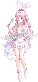 1girl absurdres angel_wings apron blue_archive blue_bow blush bow bow_legwear breasts cleavage closed_mouth collarbone cream_on_breasts fingernails full_body gradient_bow gradient_hair gradient_halo hair_intakes hair_ornament hair_scrunchie halo hand_on_own_hip hand_up high_ponytail highres holding holding_whisk knees large_breasts legs long_hair looking_at_viewer low_wings miho_(mymiho) mika_(blue_archive) multicolored_hair multicolored_halo nail_polish no_shoes pink_bow pink_hair pink_halo pink_nails pocket ponytail print_scrunchie purple_hair purple_scrunchie revision scrunchie sideboob simple_background smile socks solo thighs tongue tongue_out two-tone_bow whisk white_apron white_background white_socks white_wings wings yellow_eyes