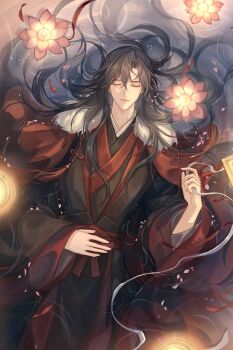 1boy afloat alternate_hairstyle bishounen black_hair black_hanfu chinese_clothes chinese_knot cloak closed_eyes closed_mouth facing_viewer flower from_above fur-trimmed_cloak fur_trim hair_between_eyes hair_down hair_ribbon hair_spread_out hanfu highres holding holding_ribbon implied_yaoi lantern long_hair long_sleeves lotus lying male_focus modao_zushi on_back partially_submerged petals petals_on_liquid pink_flower pink_petals red_cloak red_ribbon red_sash ribbon robe sash solo tassel untied_ribbon very_long_hair water wei_wuxian wei_wuxian_(yiling_laozu) white_ribbon wide_sleeves winter_clothes ymggklk0810
