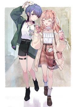 2girls ^_^ absurdres bag black_shoes black_shorts blue_hair border braid brown_shoes brown_skirt cardigan closed_eyes commentary_request cup disposable_cup ear_piercing fang full_body gradient_hair green_jacket heart heart_o-ring highres holding holding_cup holding_phone igarashi_rika igarashi_rika_(3rd_costume) jacket jellyfish_cut jewelry koshimizu_toru koshimizu_toru_(3rd_costume) long_hair long_sleeves looking_at_viewer medium_hair multicolored_hair multiple_girls necklace nijisanji o-ring o-ring_thigh_strap official_alternate_costume official_alternate_hairstyle open_clothes open_jacket open_mouth orange_hair outside_border parted_lips phone piercing plaid_clothes plaid_skirt puffy_sleeves purple_hair shirt shoes shorts shoulder_bag single_braid skindentation skirt sleeves_past_wrists smile socks spoon_(tamakakama) starbucks streaked_hair thigh_strap virtual_youtuber walking white_border white_hair white_shirt white_socks