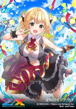 Rule 34 | 1girl, artist name, black jacket, black shoes, black wrist cuffs, blonde hair, blue sky, breasts, cana (z/x), cleavage, cloud, cloudy sky, confetti, copyright logo, copyright name, copyright notice, crop top, detached collar, detached sleeves, feathered wings, green wings, hair ornament, holding, holding microphone, idol clothes, jacket, logo, long hair, looking at viewer, microphone, midriff, mini wings, navel, official art, open clothes, open jacket, open mouth, shoes, sky, solo, sparkle, translation request, two side up, water drop, wings, wrist cuffs, yaki mayu, yellow eyes, z/x