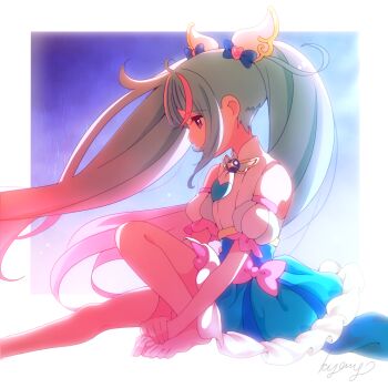 1girl artist_name barefoot blue_background blue_dress blue_eyes blue_hair bow brooch commentary cure_sky cut_bangs detached_sleeves dress dress_bow frilled_dress frills from_side gradient_hair hair_ornament hirogaru_sky!_precure jewelry kyanos_(b_0000ff) leg_up long_hair looking_to_the_side magical_girl multicolored_hair no_gloves pink_bow pink_hair precure puffy_detached_sleeves puffy_sleeves rain short_dress signature single_sidelock sitting sleeveless sleeveless_dress solo sora_harewataru streaked_hair twintails two-tone_dress two-tone_hair very_long_hair white_dress wind wing_brooch wing_hair_ornament