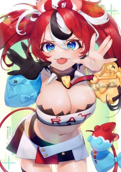 1girl animal_ear_fluff animal_ears asymmetrical_sleeves blowing_raspberry blue_eyes bow breasts camisado cleavage collar gloves hakos_baelz highres hololive hololive_english key large_breasts midriff miniskirt mouse_ears mouse_tail mr._squeaks_(hakos_baelz) navel red_hair single_glove skirt spiked_collar spikes strapless tail tail_bow tail_ornament tube_top twintails virtual_youtuber