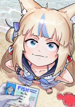 1girl 1other animal_ears beach blonde_hair blue_eyes blue_hair cat_ears crab dress gawr_gura gawr_gura_(1st_costume) highres holding holding_id_card hololive hololive_english id_card indie_virtual_youtuber kaniki_(sameko_saba) lifebuoy_hair_ornament long_hair low_twintails multicolored_hair sameko_saba sand sleeveless sleeveless_dress smile twintails two-tone_hair very_long_hair virtual_youtuber water white_dress yaroslavee