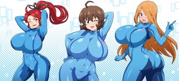 3girls absurdres ahoge arms_behind_head ass blonde_hair blue_eyes blue_leotard bodysuit breasts brown_eyes character_request closed_mouth commission cosplay covered_navel danball_senki eyebrows_hidden_by_hair from_behind hair_between_eyes hanasaki_ran highres hitokiwa_kenchin huge_breasts impossible_bodysuit impossible_clothes jessica_kaios kojou_asuka large_breasts leotard long_hair looking_at_viewer lower_teeth_only multiple_girls one_eye_closed open_mouth pixiv_commission pointing pointing_up ponytail red_hair samus_aran samus_aran_(cosplay) short_hair skin_tight smile teeth yellow_eyes zero_suit