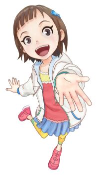 1girl :d black_eyes blue_skirt brown_hair child from_above full_body future_kid_takara hair_ornament hand_up hood hoodie leggings long_sleeves looking_at_viewer official_art open_mouth pink_shirt pink_shoes pleated_skirt sara_(future_kid_takara) shirt shoes short_bangs short_hair simple_background skirt smile solo standing standing_on_one_leg studio_4c teeth tongue upper_teeth_only white_background white_hoodie yellow_leggings