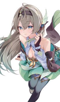 1girl bare_shoulders black_hairband blue_eyes breasts bridal_gauntlets chobonu cleavage closed_mouth firefly_(honkai:_star_rail) floating_hair gradient_thighhighs green_pupils green_skirt grey_hair hairband hand_up highres honkai:_star_rail honkai_(series) long_hair looking_at_viewer medium_breasts simple_background skirt smile solo white_background