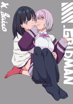 2girls arms_around_another's_waist black_hair black_pantyhose black_skirt blue_eyes blush boots bow breasts cardigan collared_shirt commentary_request copyright_name english_text grey_background gridman_universe hair_between_eyes hug jacket large_breasts long_hair long_sleeves looking_at_viewer multiple_girls off_shoulder official_art open_clothes open_jacket pantyhose pink_bow pink_eyes purple_hair purple_jacket red_boots ribbon saitou_kengo school_uniform shinjou_akane shirt short_hair simple_background skirt sleeves_past_wrists socks ssss.gridman straight_hair takarada_rikka white_cardigan white_shirt wide_sleeves