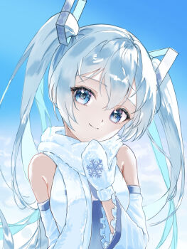 1girl blue_eyes blue_necktie blue_trim blush closed_mouth commentary_request detached_sleeves hair_between_eyes hair_ornament hatsune_miku headphones highres kayan_n long_hair looking_at_viewer mittens necktie official_alternate_costume scarf shirt sleeveless sleeveless_shirt snowflake_print solo twintails upper_body vocaloid white_hair white_mittens white_scarf white_shirt wide_sleeves yuki_miku yuki_miku_(2011)