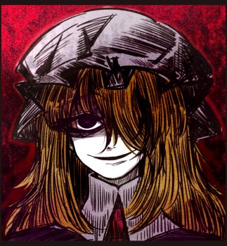 1girl ascot blonde_hair collar covering_one_eye dress evil_smile hat maribel_hearn medium_hair mob_cap open_mouth purple_dress purple_eyes red_ascot red_background smile solo suenari_(peace) touhou white_collar