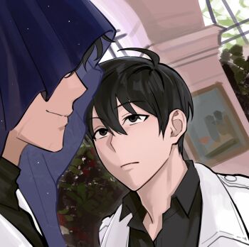 2boys ahoge black_eyes black_hair black_shirt coat collared_shirt kim_dokja male_focus meme multiple_boys omniscient_reader's_viewpoint open_clothes open_coat photo_background scar scar_on_face secretive_plotter shirt short_hair smirk taotaille upper_body white_coat yoo_joonghyuk